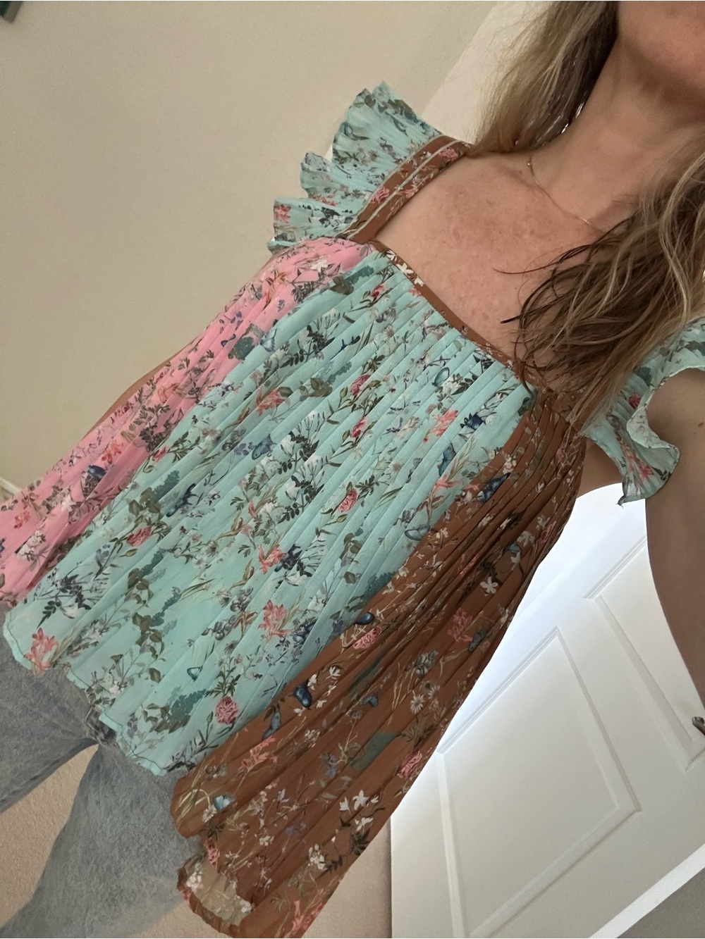 Floral Ruffle Pleated Tank Top - Mixed Pastel - Picture 1 of 5